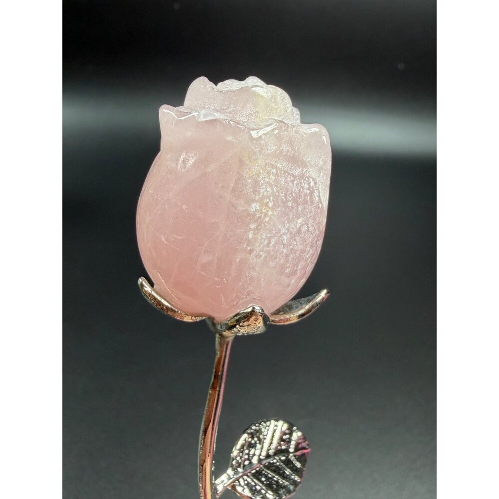Hand Carved Rose Quartz Flower Pink Stone Healing Crystal Silver Tone Stem 6" - Picture 7 of 9